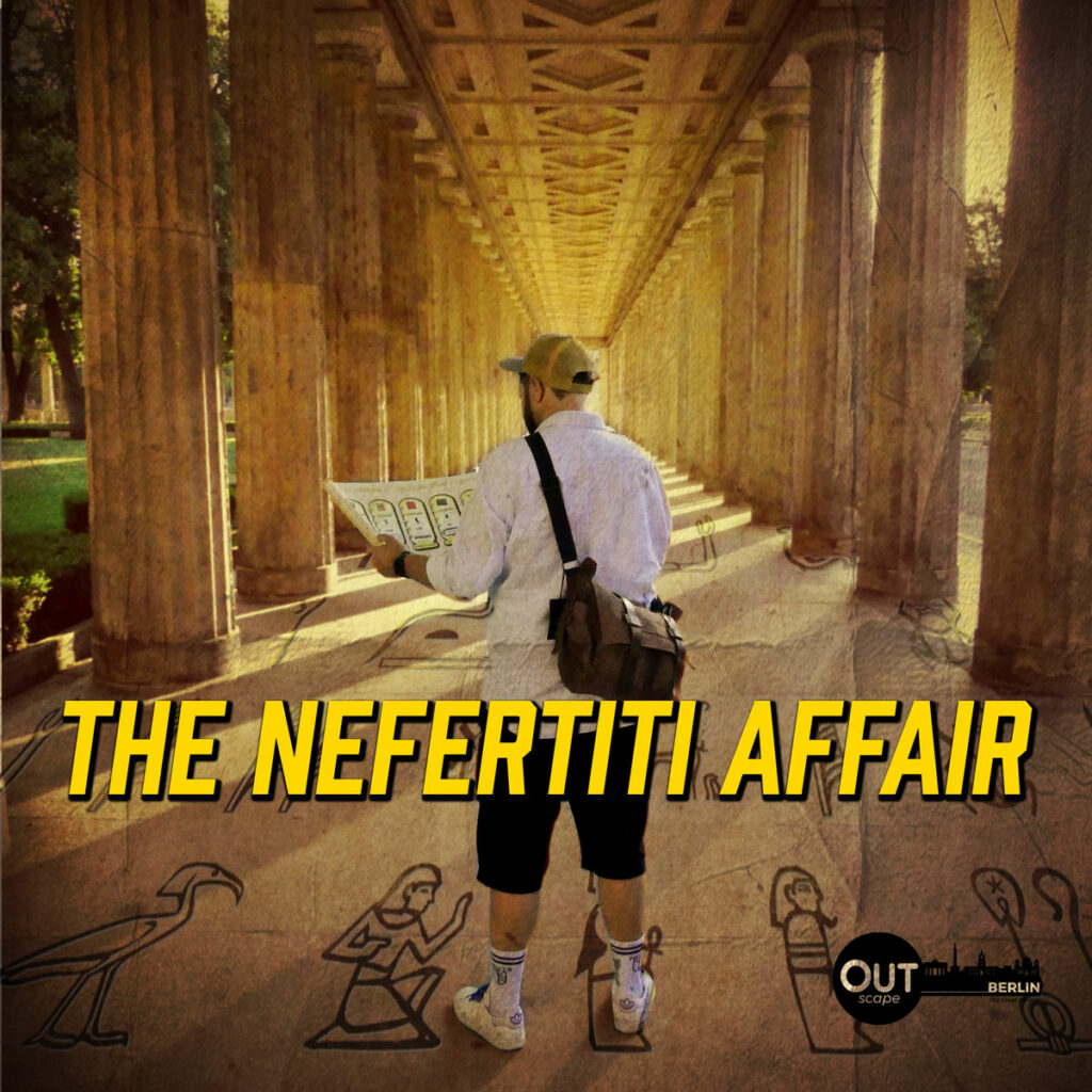 Poster for the treasure hunt The Nefertiti Affair in Berlin, outdoor escape game.