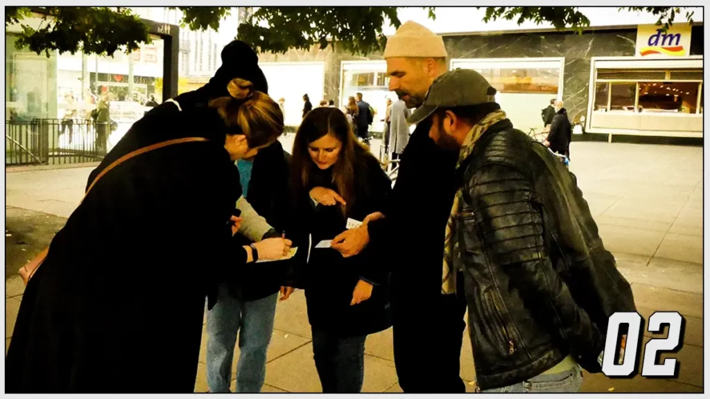 Players analyzing clues together during an outdoor escape game in Berlin