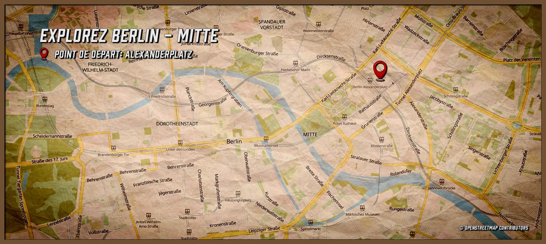 Carte du jeu de piste L’Affaire Néfertiti à Berlin Mitte avec point de départ Alexanderplatz