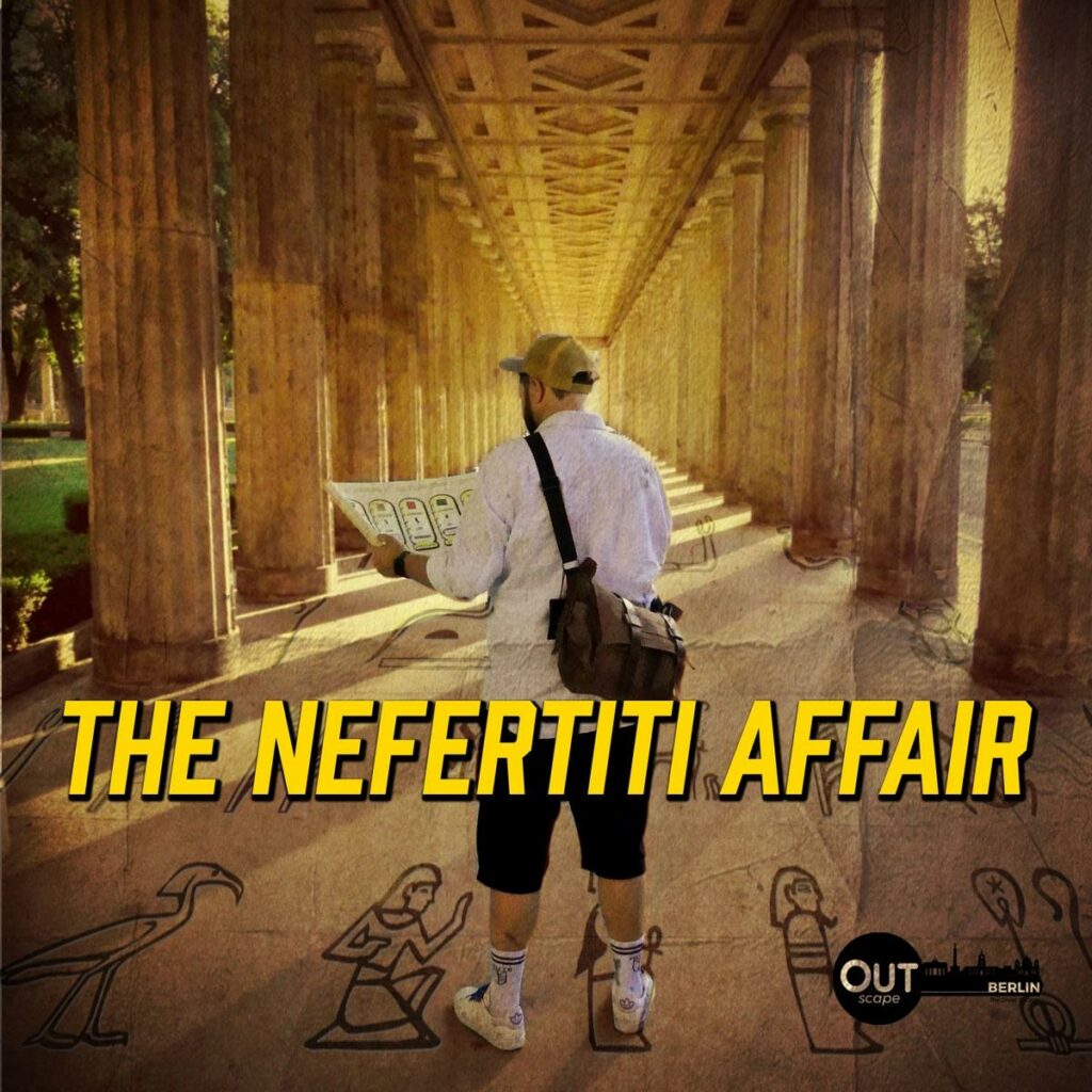 Poster des Outdoor-Escape-Games „The Nefertiti Affair“ in Berlin, mit Ermittlern im Museum auf der Suche nach der Büste der Nofretete.